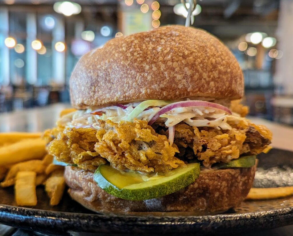 Fried Oyster Mushroom Sandwich from Old Stove Brewing Co for Vegan Dining Month in Seattle